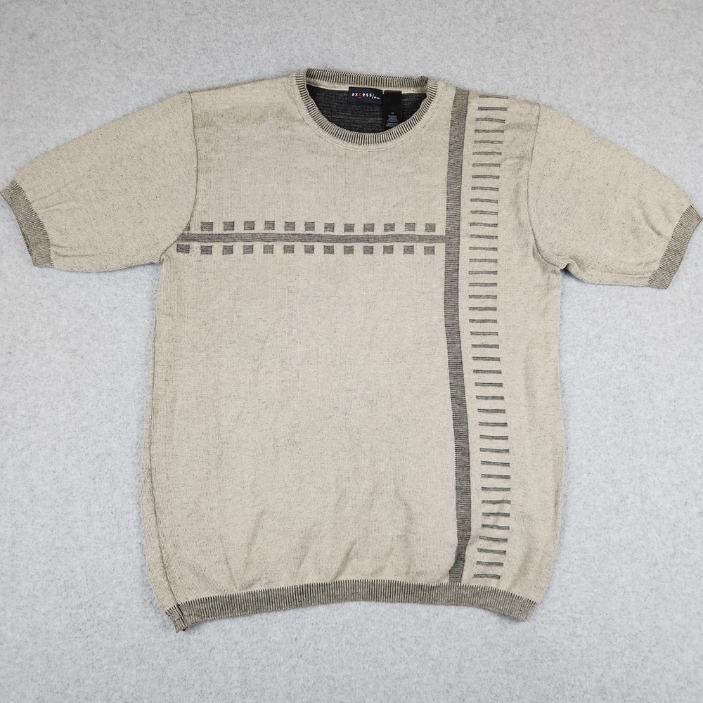 Axcess Men Tan Short Sleeve Knit Sweater Geometric Pattern Size M Crew Neck‎
